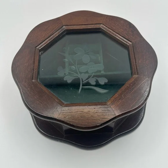 Wooden Octagonal Ring Earring Holder Jewelry Box with Glass Top Styled by Mele - Picture 4 of 9